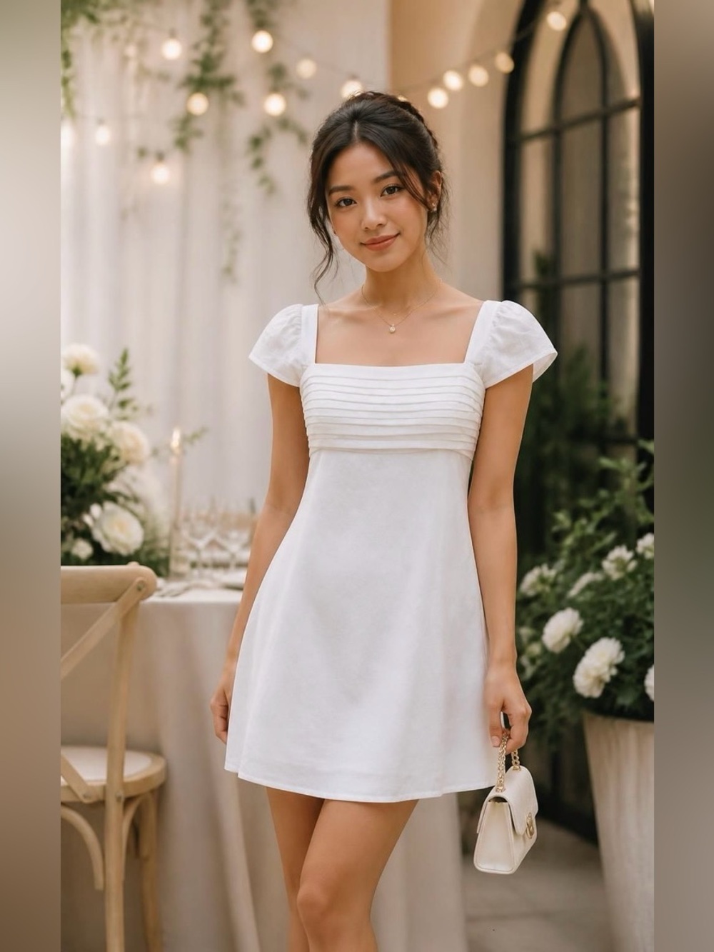 Abercrombie & Fitch White Square-Neck Pintuck Midi Dress